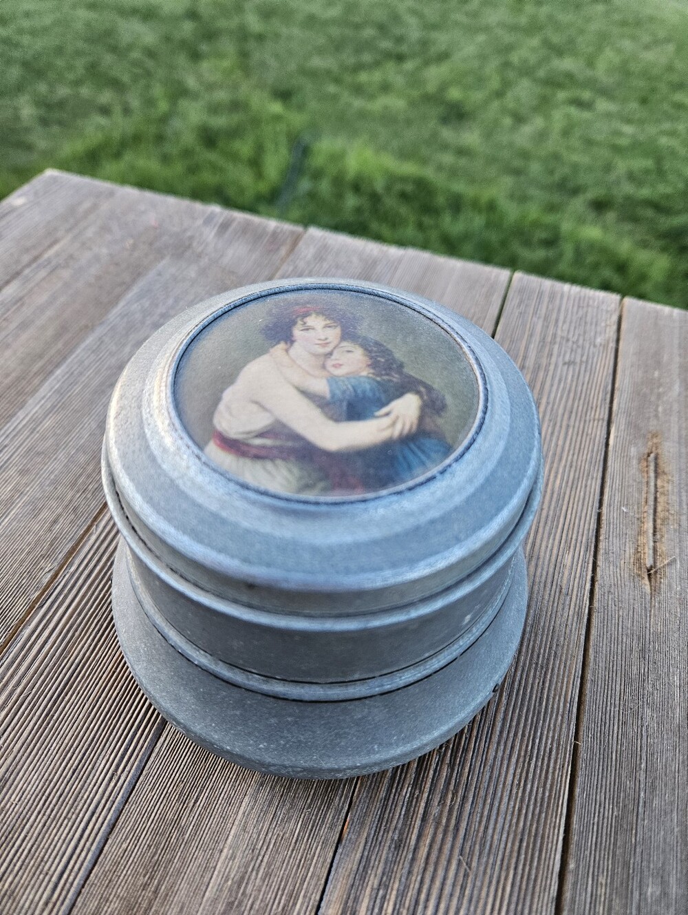 Antique 1920s Art Deco Aluminum Music Powder Jar Vanity Trinket Box
